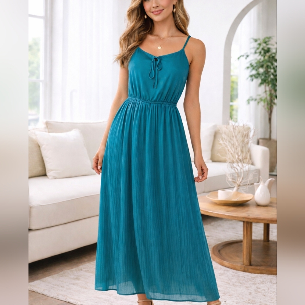 YA Los Angeles Silk Blend Teal Maxi Dress L Sleeveless Tie Neck 60% Silk